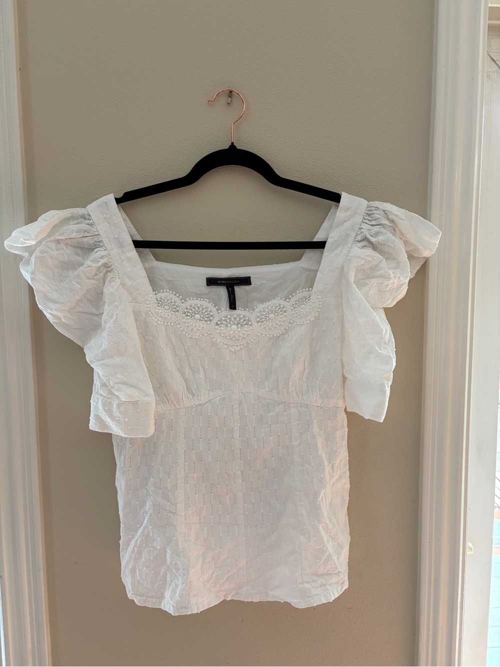BCBGMaxAzria White Lace-Trim Puff Sleeve Top